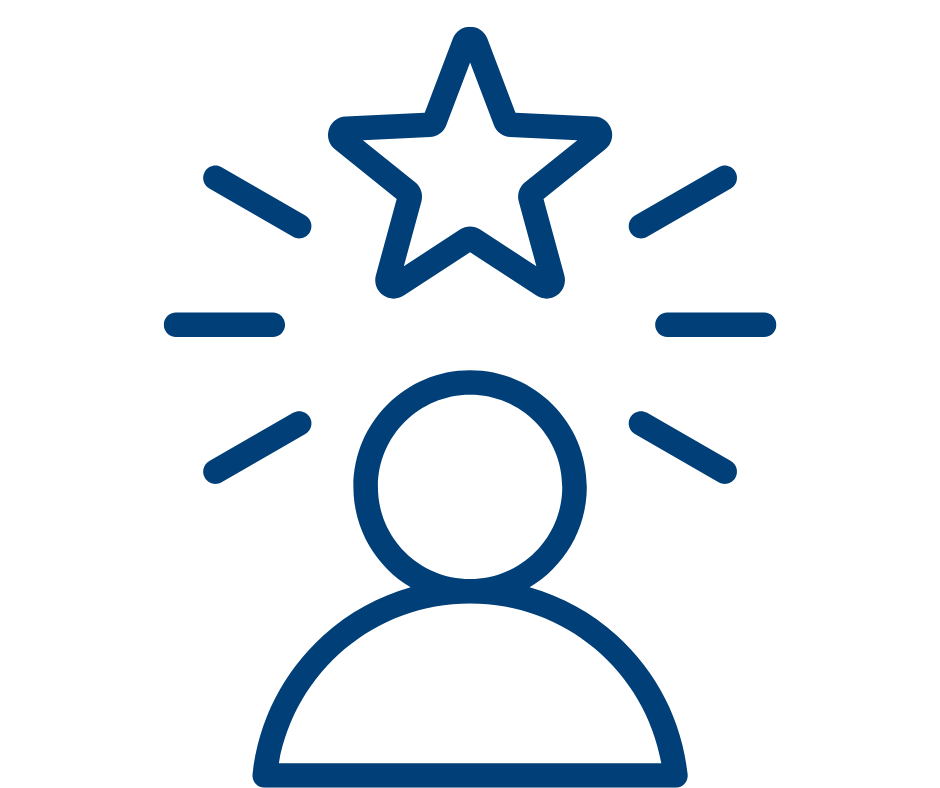 A blue icon of a person with a star above the head indicating confidence