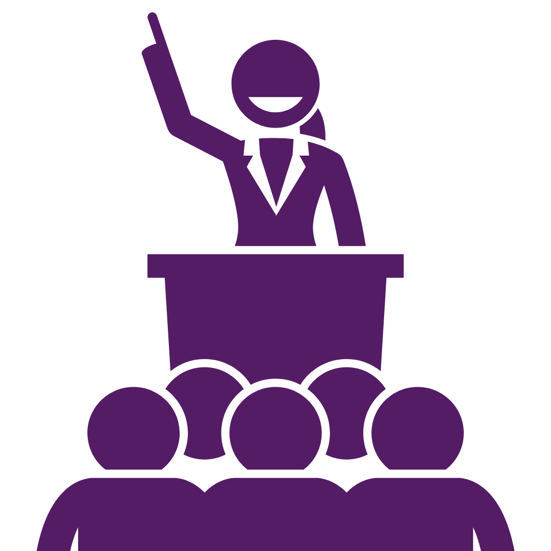 A purple icon of a women leader delivering speech